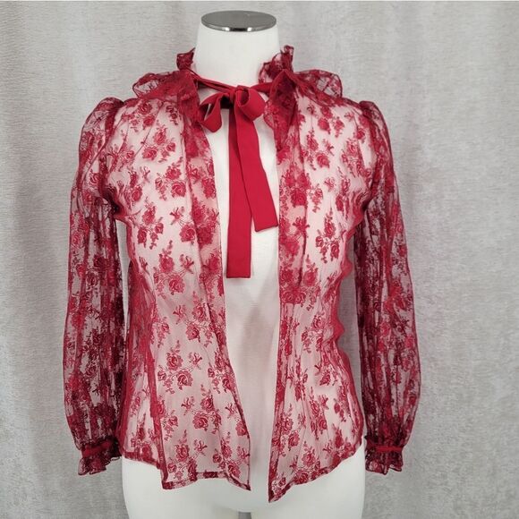 French Cherry Red See Through Lace Coquette Girl Long Sleeves Top Jacket - Picture 2 of 15